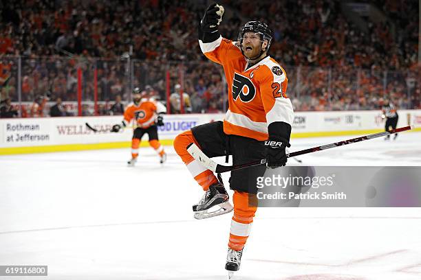 Claude Giroux of the Philadelphia Flyers celebrates after scoring a goal against Pittsburgh Penguins during the second period at Wells Fargo Center...