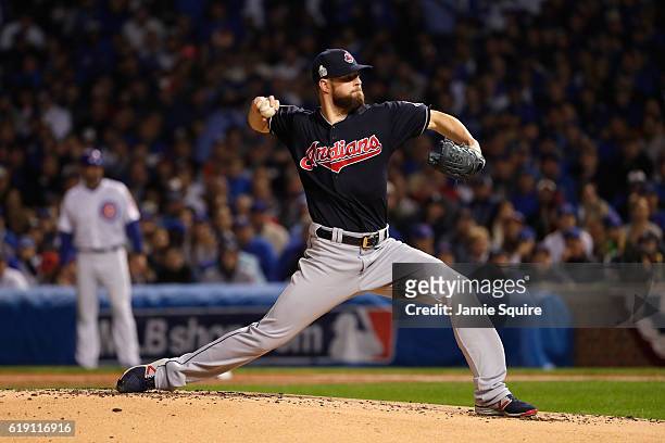 Corey Kluber of the Cleveland Indians pitches in the first inning against the Chicago Cubs in Game Four of the 2016 World Series at Wrigley Field on...