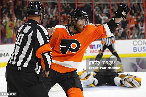 Jakub Voracek of the Philadelphia Flyers celebrates a penalty shot goal on goalie Marc-Andre Fleury of the Pittsburgh Penguins during the second...