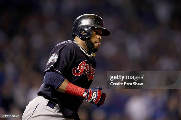 Carlos Santana of the Cleveland Indians rounds the bases after hitting a home run in the second inning against the Chicago Cubs in Game Four of the...