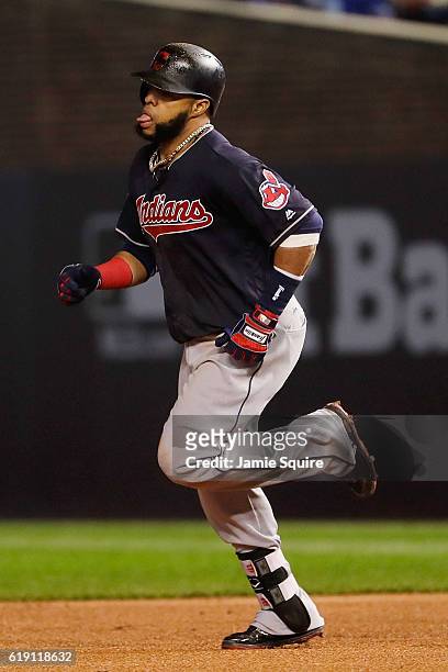 Carlos Santana of the Cleveland Indians rounds the bases after hitting a home run in the second inning against the Chicago Cubs in Game Four of the...