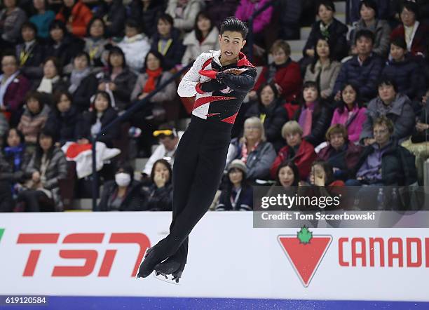 Daniel Samohin of Israel competes in the Men's Singles Free Program during day two of the 2016 Skate Canada International at Hershey Centre on...