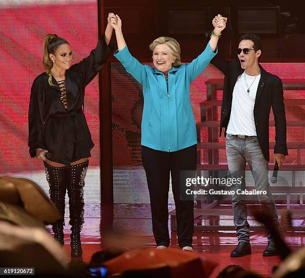 Jennifer Lopez, Hillary Clinton and Marc Anthony are seen at the Jennifer Lopez Gets Loud for Hillary Clinton at GOTV Concert in Miami at Bayfront...