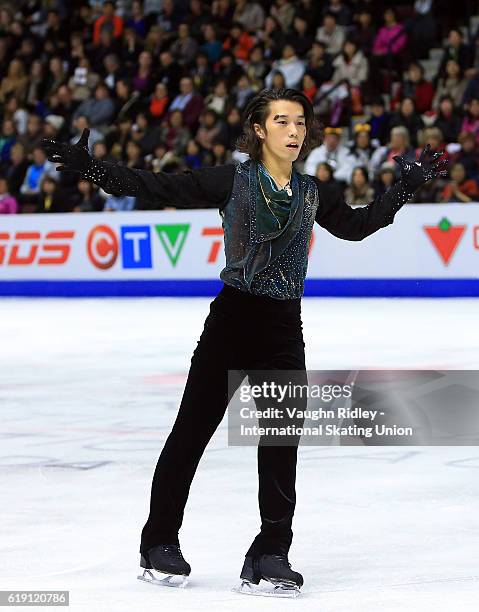 Takahito Mura of Japan competes in the Men Free Program during the ISU Grand Prix of Figure Skating Skate Canada International at Hershey Centre on...