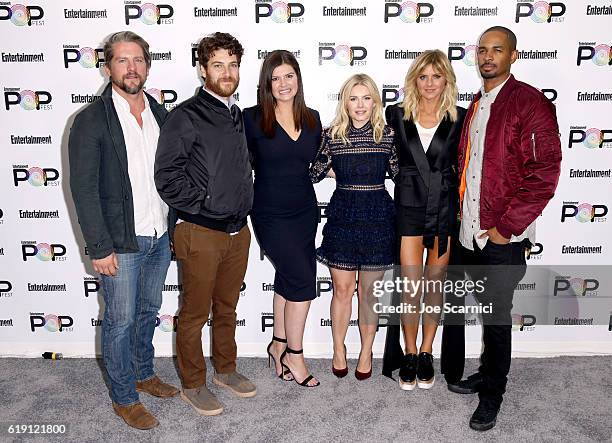 Actors Zachary Knighton, Adam Pally, Casey Wilson, Elisha Cuthbert, Eliza Coupe and Damon Wayans Jr. Pose backstage during Entertainment Weekly's...