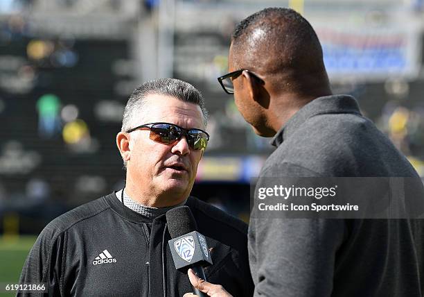 Arizona State University Head Coach Todd Graham is interviewed by the PAC-12 Network prior to the start of the game during a PAC-12 NCAA football...