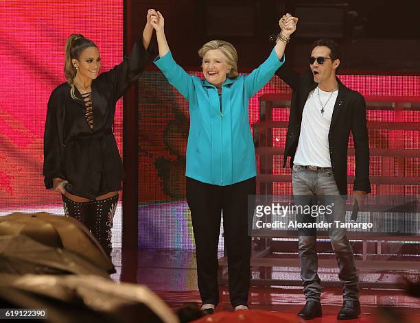 Jennifer Lopez, Hillary Clinton and Marc Anthony are seen at the Jennifer Lopez Gets Loud for Hillary Clinton at GOTV Concert in Miami at Bayfront...