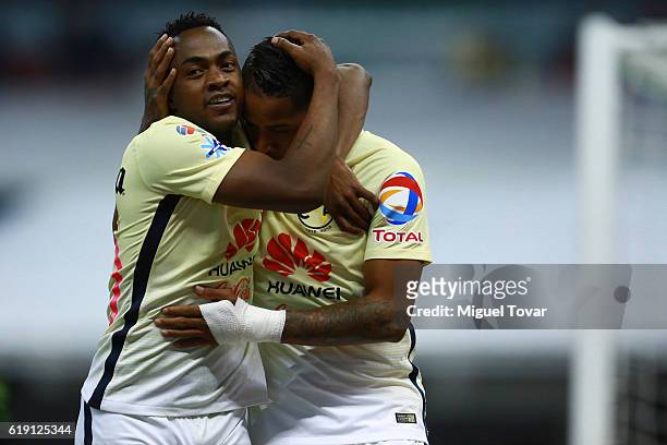 Michael Arroyo of America celebrates after scoring the second goal of his team during the 15th round match between America and Santos Laguna as part...