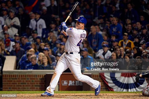 Anthony Rizzo of the Chicago Cubs doubles in the sixth inning during Game 4 of the 2016 World Series against the Cleveland Indians at Wrigley Field...