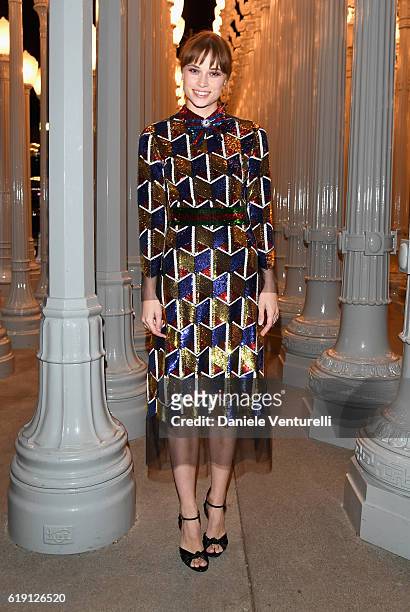 Actress Makenzie Leigh, wearing Gucci, attends the 2016 LACMA Art + Film Gala Honoring Robert Irwin and Kathryn Bigelow Presented By Gucci at LACMA...