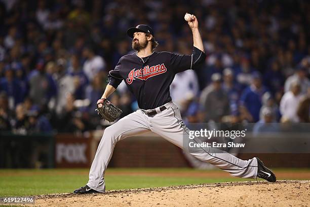 Andrew Miller of the Cleveland Indians pitches in the eighth inning against the Chicago Cubs in Game Four of the 2016 World Series at Wrigley Field...