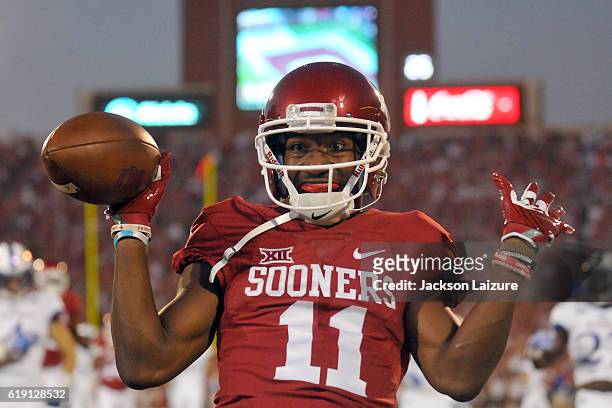 Wide receiver Dede Westbrook of the Oklahoma Sooners reacts after returning a punt during their win against the Kansas Jayhawks on October 29, 2016...