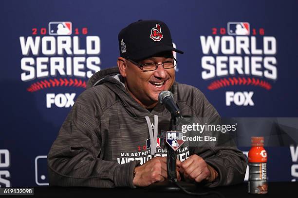 Manager Terry Francona of the Cleveland Indians speaks to the media after beating the Chicago Cubs 7-2 in Game Four of the 2016 World Series at...