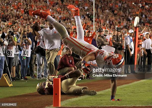 Jordan Leggett of the Clemson Tigers scores a touchdown during a game against the Florida State Seminoles at Doak Campbell Stadium on October 29,...