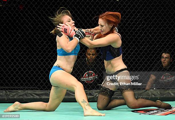 Fighters Andreea "The Storm" Vladoi and Jolene "The Valkyrie" Hexx compete during Lingerie Fighting Championships 22: Costume Brawl I" at 4 Bears...