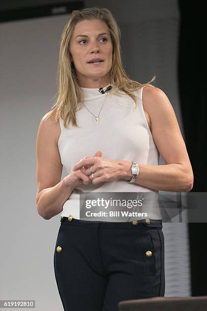 Actress Katee Sackhoff speaks at the Battlestar Galactica spotlight panel during Alien Con at the Santa Clara Convention Center on October 29, 2016...