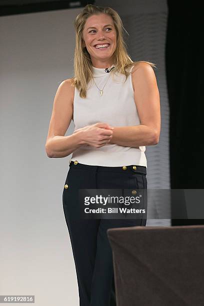 Actress Katee Sackhoff speaks at the Battlestar Galactica spotlight panel during Alien Con at the Santa Clara Convention Center on October 29, 2016...