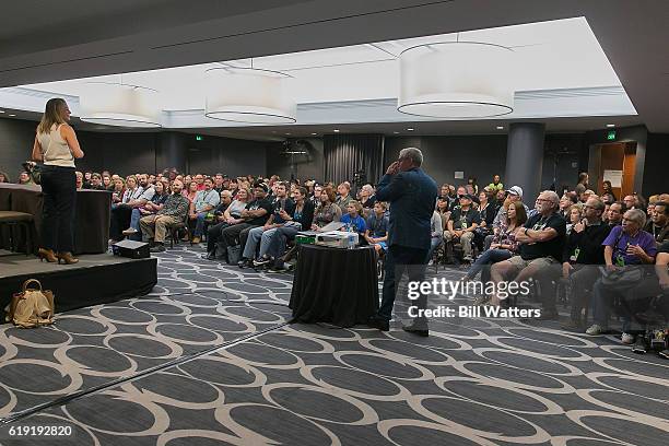 Actress Katee Sackhoff speaks at the Battlestar Galactica spotlight panel during Alien Con at the Santa Clara Convention Center on October 29, 2016...