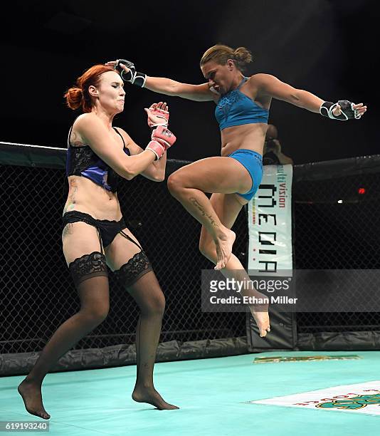 Fighters Jolene "The Valkyrie" Hexx and Andreea "The Storm" Vladoi compete during Lingerie Fighting Championships 22: Costume Brawl I" at 4 Bears...