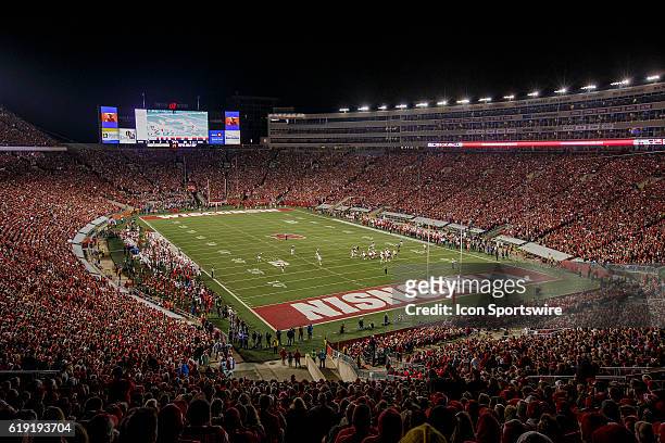 General View of Camp Randall stadium at night during an NCAA football game between the Nebraska Cornhuskers and the Wisconsin Badgers for the Freedom...