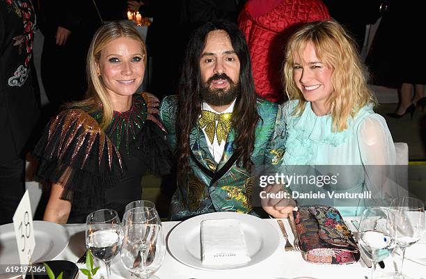 Actress Gwyneth Paltrow, wearing Gucci, Gucci Creative Director Alessandro Michele and actress Brie Larson, wearing Gucci attend the 2016 LACMA Art +...