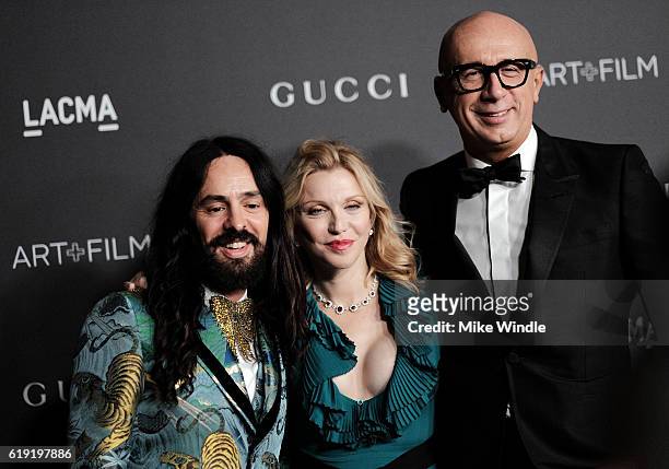 Gucci Creative Director Alessandro Michele; musician Courtney Love, wearing Gucci; and Gucci President/CEO Marco Bizzarri attend the 2016 LACMA Art +...