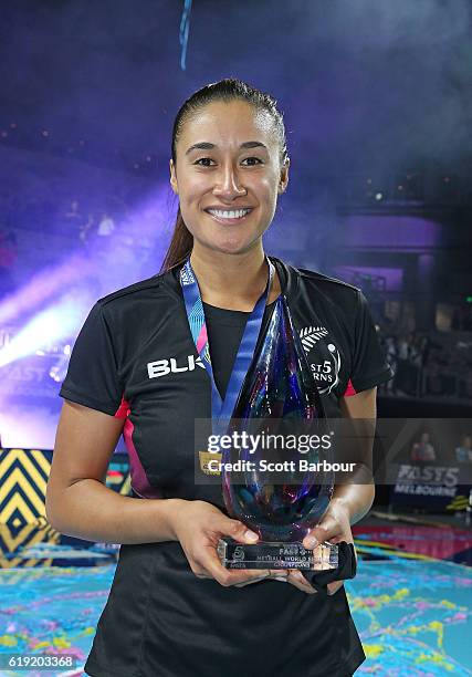 Maria Tutaia, captain of New Zealand poses with the trophy after winning the Grand Final of the Fast5 Netball Series between Australia and New...