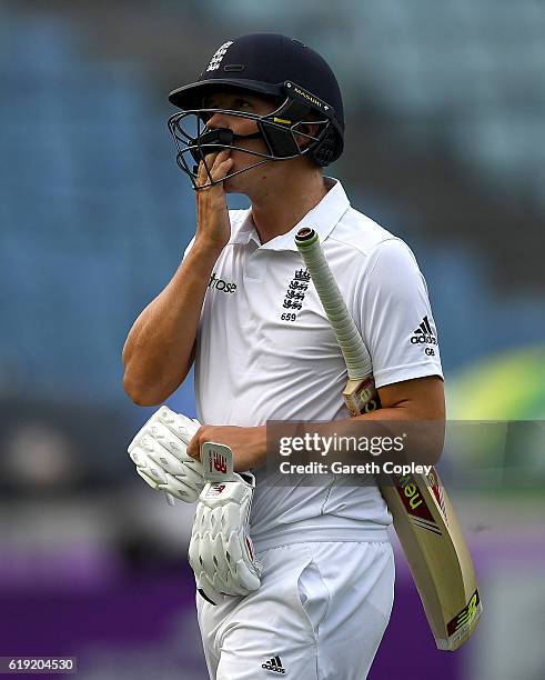 Gary Ballance of England leaves the field after being dismissed by Mehedi Hasan of Bangladesh during day three of the second Test match between...