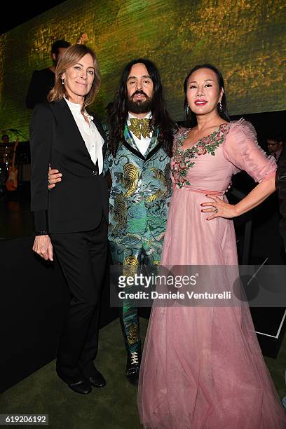 Honoree Kathryn Bigelow, Gucci Creative Director Alessandro Michele, and Gala Co-Chair Eva Chow, wearing Gucci, attend the 2016 LACMA Art + Film Gala...