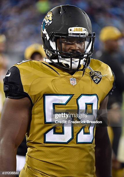 Arthur Brown of the Jacksonville Jaguars watches from the sideline during a game against the Tennessee Titans at Nissan Stadium on October 27, 2016...