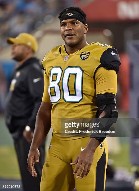 Julius Thomas of the Jacksonville Jaguars watches from the sideline during a game against the Tennessee Titans at Nissan Stadium on October 27, 2016...