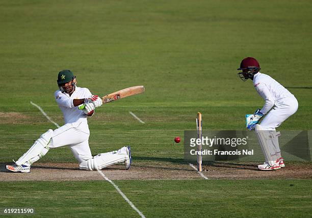 Sarfraz Ahmed of Pakistan bats during Day One of the Third Test between Pakistan and West Indies at Sharjah Cricket Stadium on October 30, 2016 in...