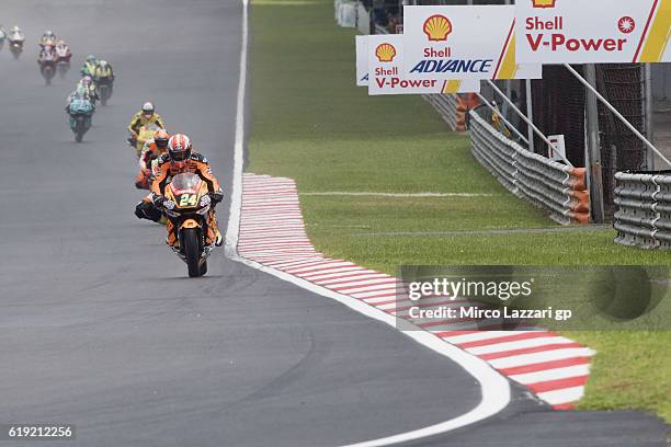Simone Corsi of Italy and Speed Up Racing leads the field during the Moto2 race during the MotoGP Of Malaysia - Race at Sepang Circuit on October 30,...