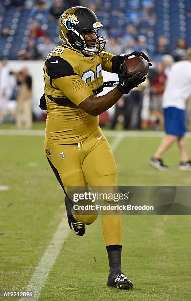 Julius Thomas of the Jacksonville Jaguars warms up prior to a game against the Tennessee Titans at Nissan Stadium on October 27, 2016 in Nashville,...