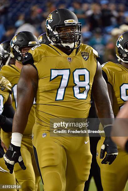 Jermey Parnell of the Jacksonville Jaguars warms up prior to a game against the Tennessee Titans at Nissan Stadium on October 27, 2016 in Nashville,...