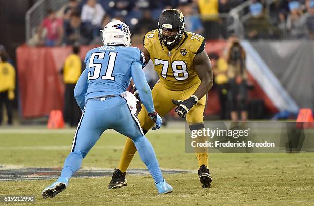 Jermey Parnell of the Jacksonville Jaguars plays against the Tennessee Titans at Nissan Stadium on October 27, 2016 in Nashville, Tennessee.