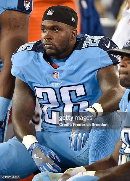 Antonio Andrews of the Tennessee Titans watches from the sideline during a game against the Jacksonville Jaguars at Nissan Stadium on October 27,...