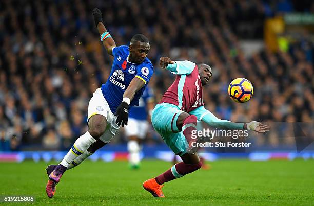 Yannick Bolasie of Everton and Michail Antonio of West Ham United battle for possession during the Premier League match between Everton and West Ham...