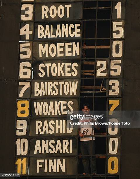 The scoreboard during the second test match between Bangladesh and England at Shere Bangla National Stadium on October 30, 2016 in Dhaka, Bangladesh.