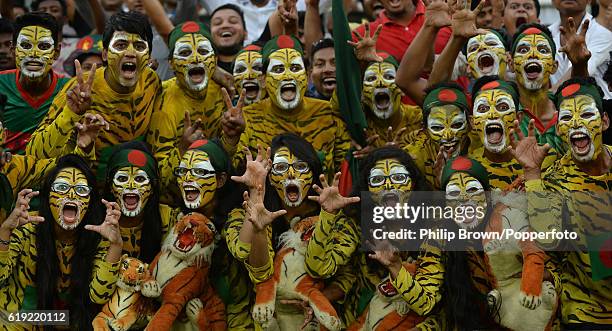 Spectators dressed as tigers after Bangladesh won the second test match between Bangladesh and England at Shere Bangla National Stadium on October...