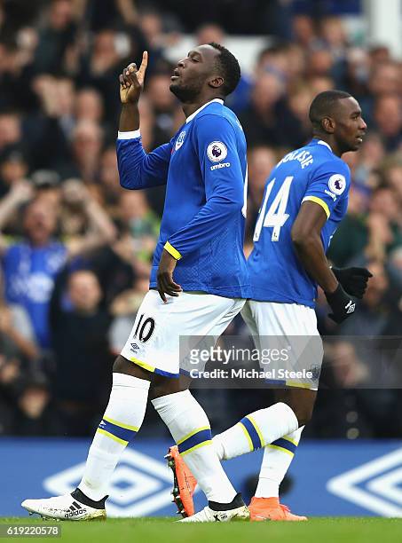 Romelu Lukaku of Everton celebrates scoring his sides first goal during the Premier League match between Everton and West Ham United at Goodison Park...