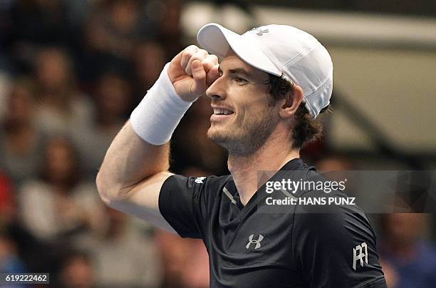 Andy Murray of Great Britain reacts after the final match against Jo-Wilfried Tsonga of France at the ATP Erste Bank Open Tennis tournament in...
