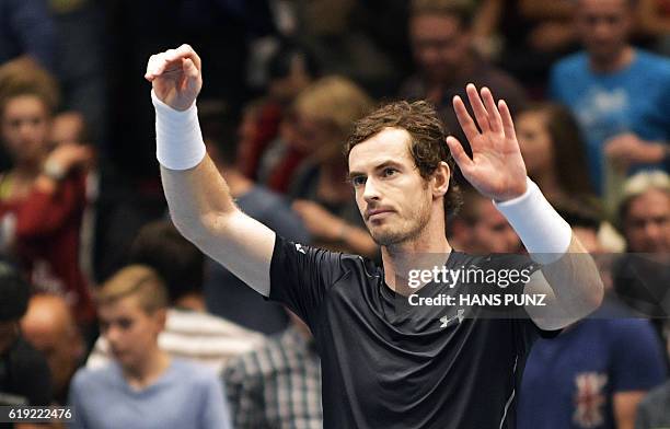 Andy Murray of Great Britain reacts after the final match against Jo-Wilfried Tsonga of France at the ATP Erste Bank Open Tennis tournament in...