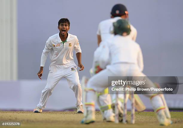 Mehedi Hasan reacts as he dismisses Jonny Bairstow during the third day of the second test match between Bangladesh and England at Shere Bangla...