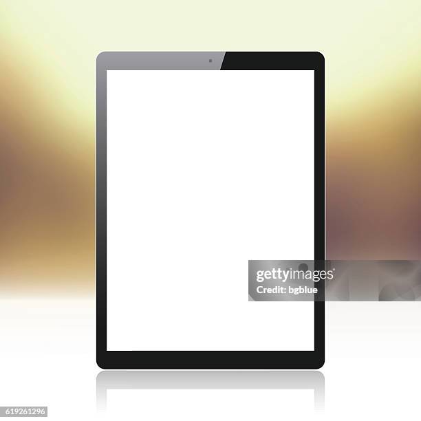 tablet pc on golden and shiny background. digital tablet template - ipad vertical mockup stock illustrations