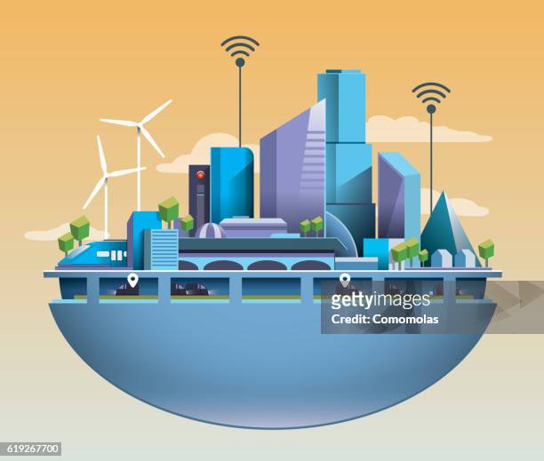 illustrazioni stock, clip art, cartoni animati e icone di tendenza di futuristica città intelligente vettoriale con ambiente pulito e caldo - futuristico
