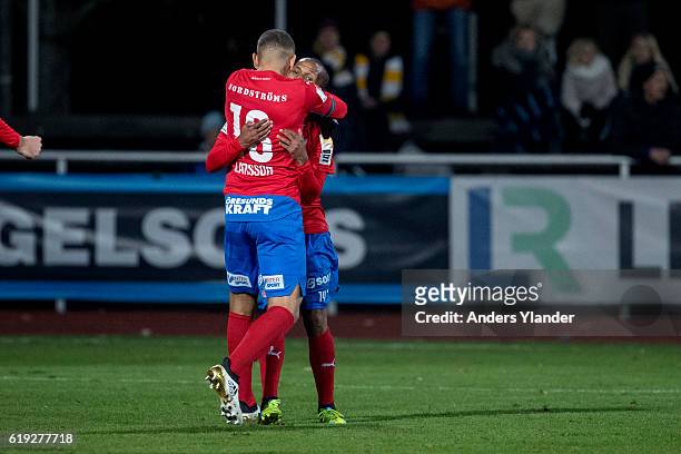 Bradley Ralani of Helsingborgs IF and Jordan Larsson of Helsingborgs IF celebrates after scoring during the Allsvenskan match between Falkenbergs FF...