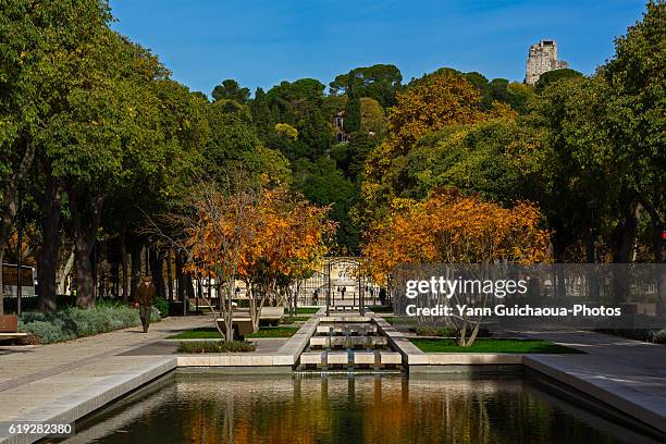 avenue jean jaures in front of jardins de la fontaine, nimes, gard, france - nimes stock pictures, royalty-free photos & images