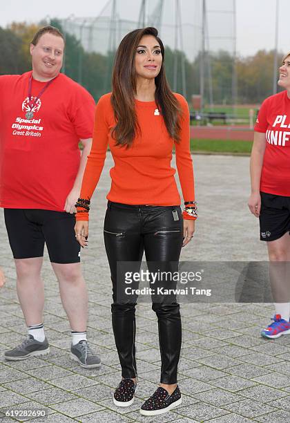 Special Olympics Global Ambassador Nicole Scherzinger attends a Special Olympics event at Lee Valley Athletics Indoor Arena on October 30, 2016 in...