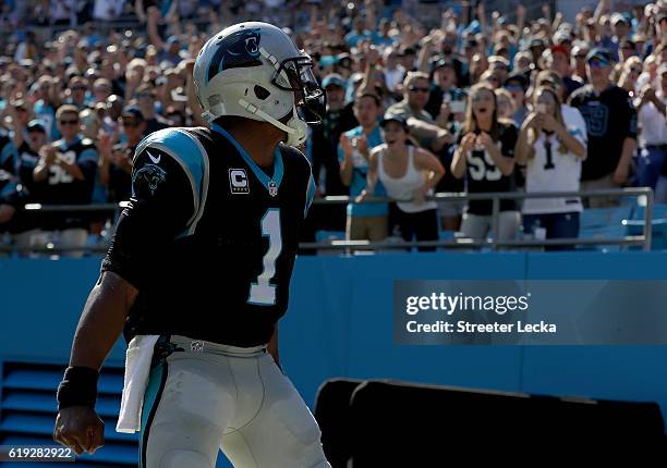 Cam Newton of the Carolina Panthers reacts after a 1st quarter touchdown against the Arizona Cardinals during their game at Bank of America Stadium...